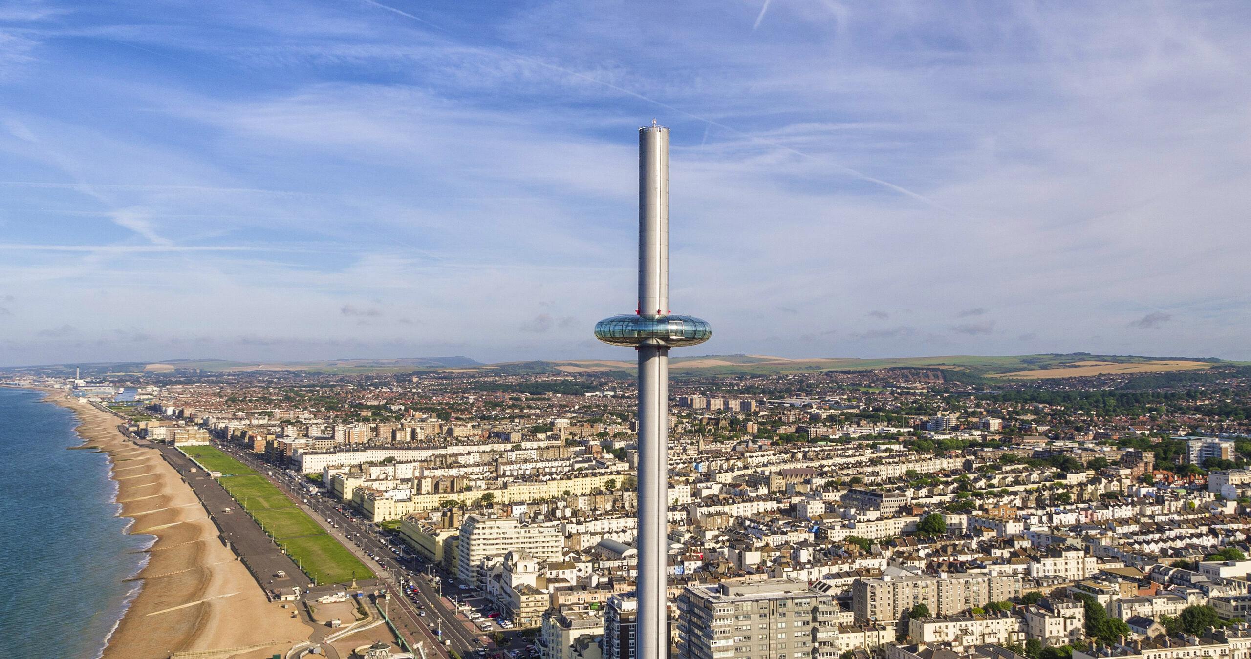 British Airways i360 Drone image 13 View West Credit Visual Air|South downs national park|Royal Pavilion|British Airways i360 Viewing Tower|Worthing Pier|Carats Cafe